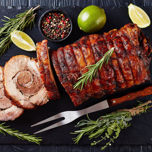 Free range porchetta with crackling (Italian style rolled free range Tamworth Pork loin & belly with garlic, oregano, rosemary, thyme, sage, fennel and lemon (frozen)