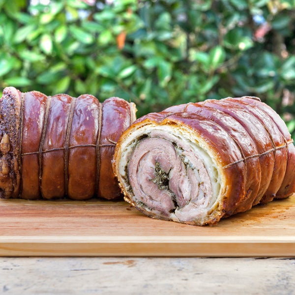 Free range wild boar porchetta with crackling (Italian style rolled wild boar loin & belly with garlic, oregano, rosemary, thyme, sage, fennel and lemon (frozen)